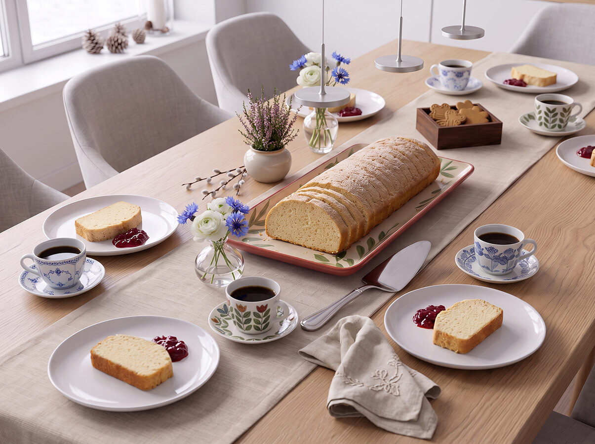 Aunt Harriet’s cinnamon-spiced almond cake, dusted with sugar on the holiday table
