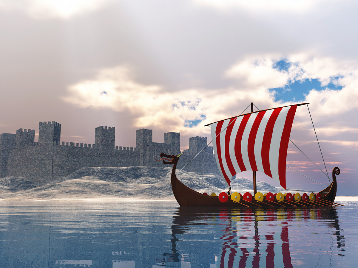 A Viking longship under sail passing a coastal castle