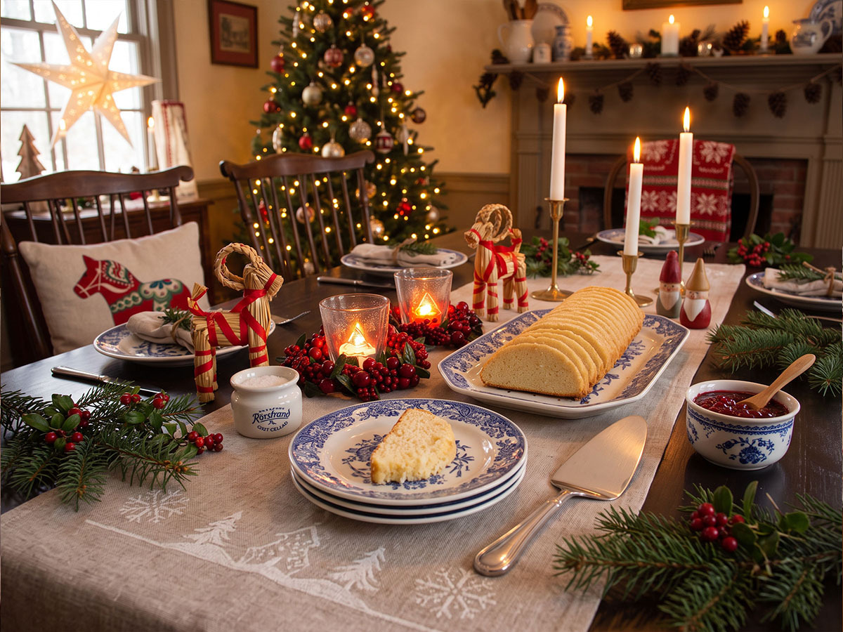 Mrs. Olson’s Swedish almond cake, the original family recipe, dusted with confectioners’ sugar